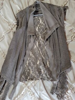 True Grit Gray Lace-Back Draped Open Cardigan